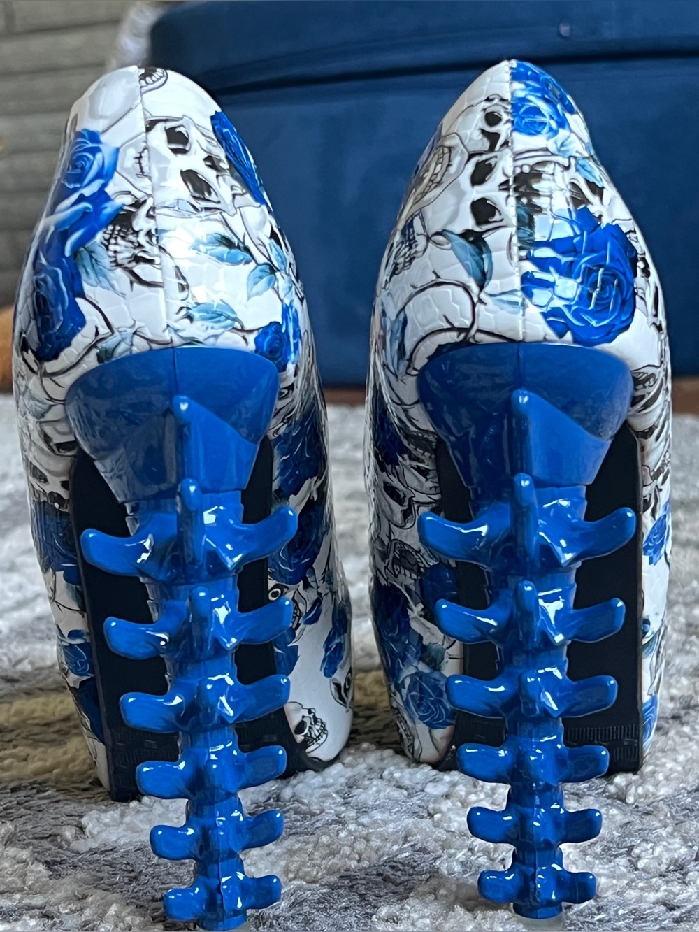 Show Story Blue Skull Rose Spine Bone Heel Platform Pumps Size 39 / 8
